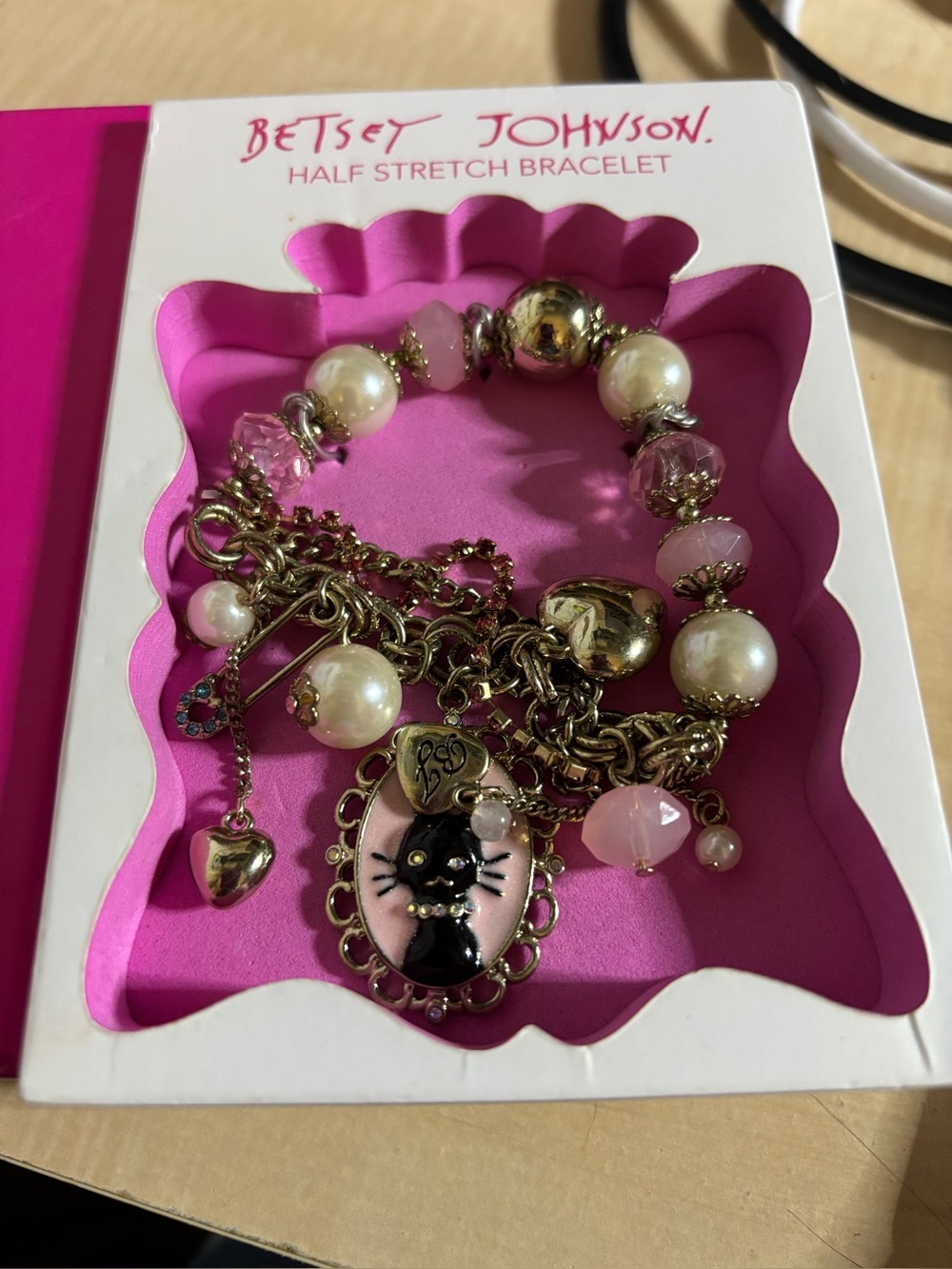 Betsey Johnson Pink and Gold Cat Charm Bracelet with Pearls